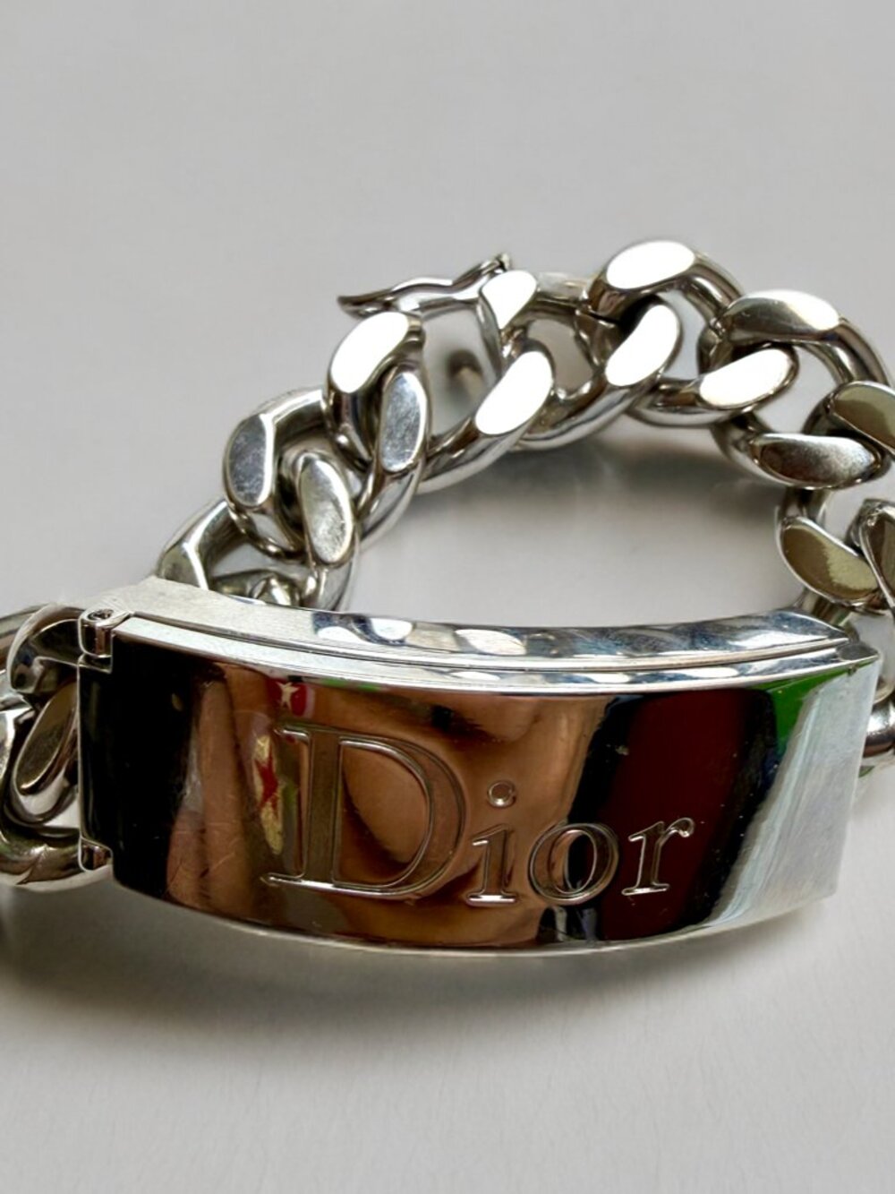 Christian Dior Beauty Silver-Tone Gourmette Curb Chain Chunky Bracelet 5K04